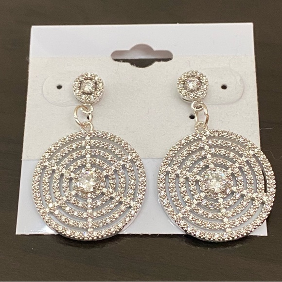 Silver-tone CZ Cubic Zirconia Round Swirl Web Pave Drop Earrings - Picture 7 of 13